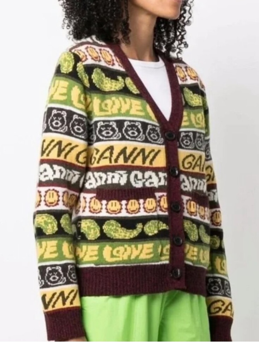 Ganni Multicolor Graphic Knit Cardigan in Green, Brown, Yellow and Black